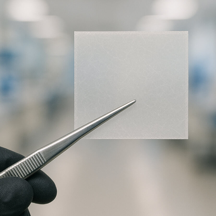 A skin substitute is held with tweezers